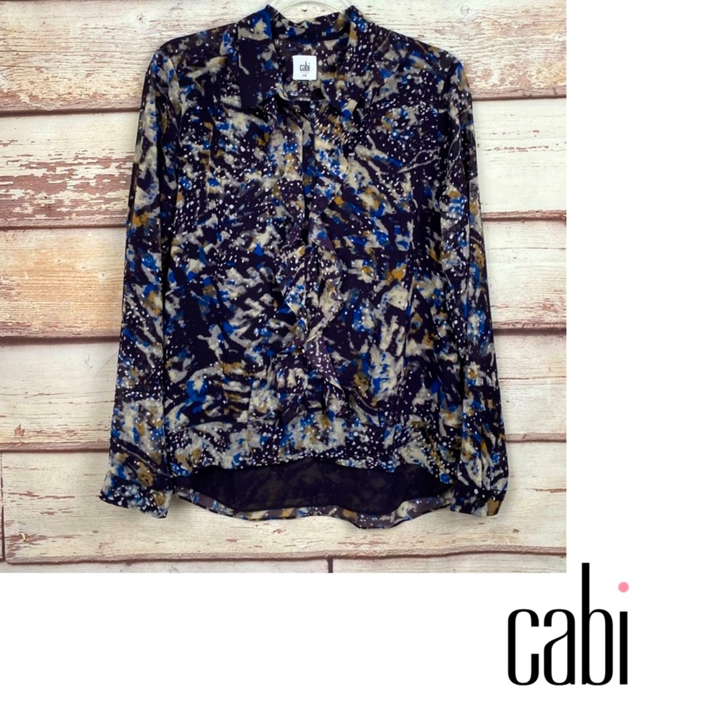 CAbi Starry Night Ruffle Blouse Size Medium Blue Black Brown Multi Chiffon